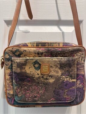 Vincent VanGogh Multicolor Abstract Canvas Crossbody with Tan Trim